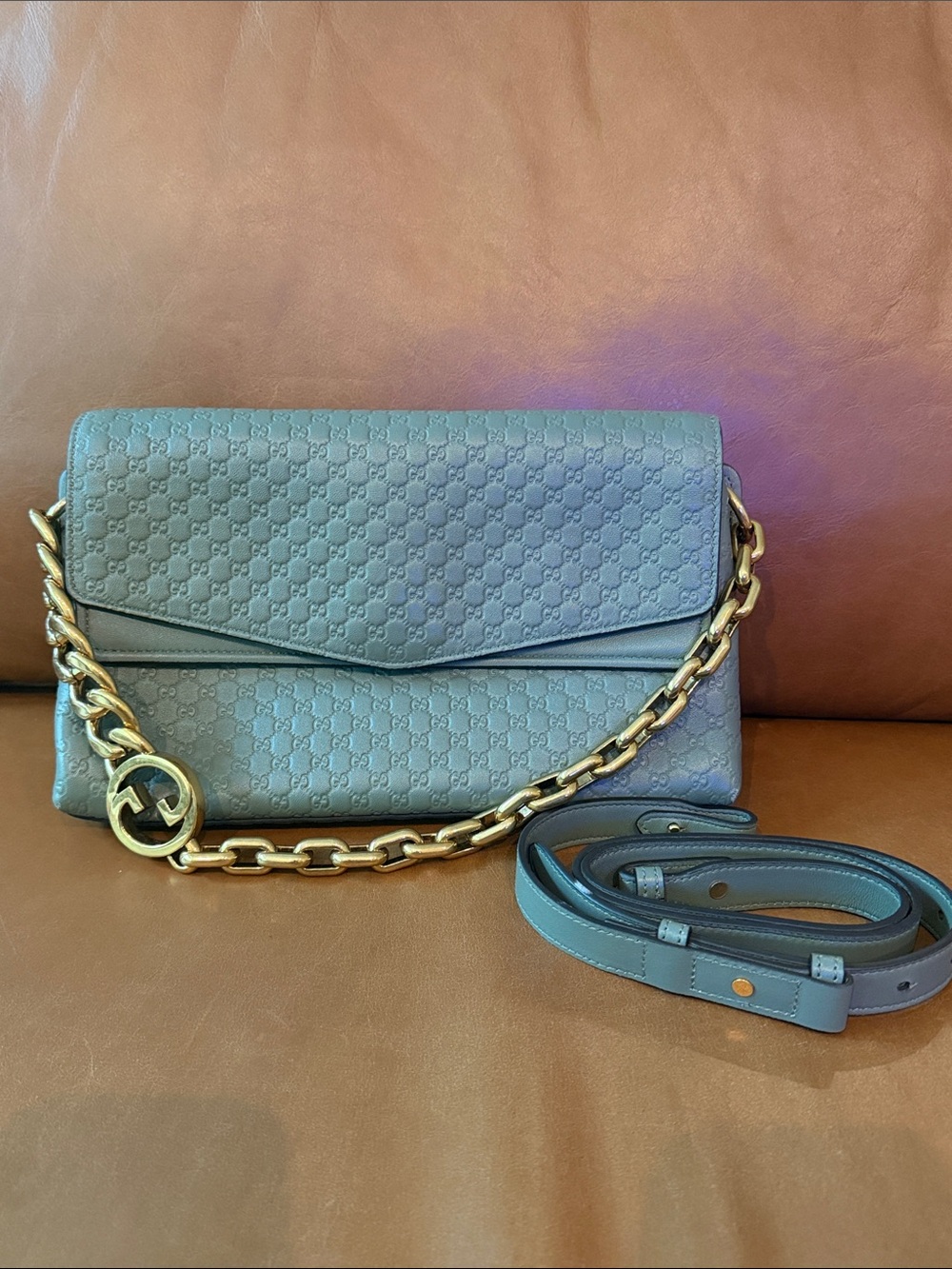 Gucci Sage Green GG Leather Medium Chain Shoulder Clutch & Crossbody Bag